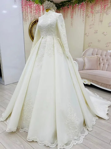 Customized Long Sleeves Lace Plus Size Muslim Wedding Dresses Sweep Train High Neck Satin Vestidos De Noiva Bridal Dress