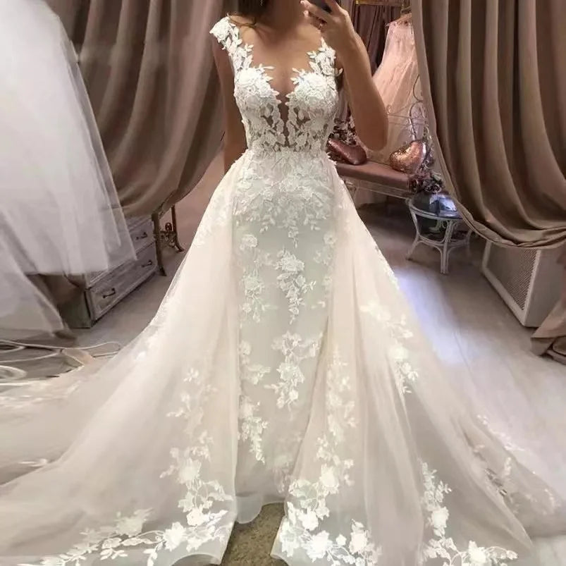 Mermaid Custom Made Wedding Dresses Detachable Train Lace Wedding Gowns 2 In 1 Design 3 Ways to Wear Style Bridal Dress