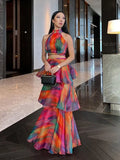Printed halter cut-out long dress women stacked ruffle hem hollow sleeveless zipper spring party