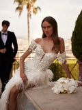 Luxury pearls feathers graceful off-shoulder classic lace appliques bride wedding dress side view