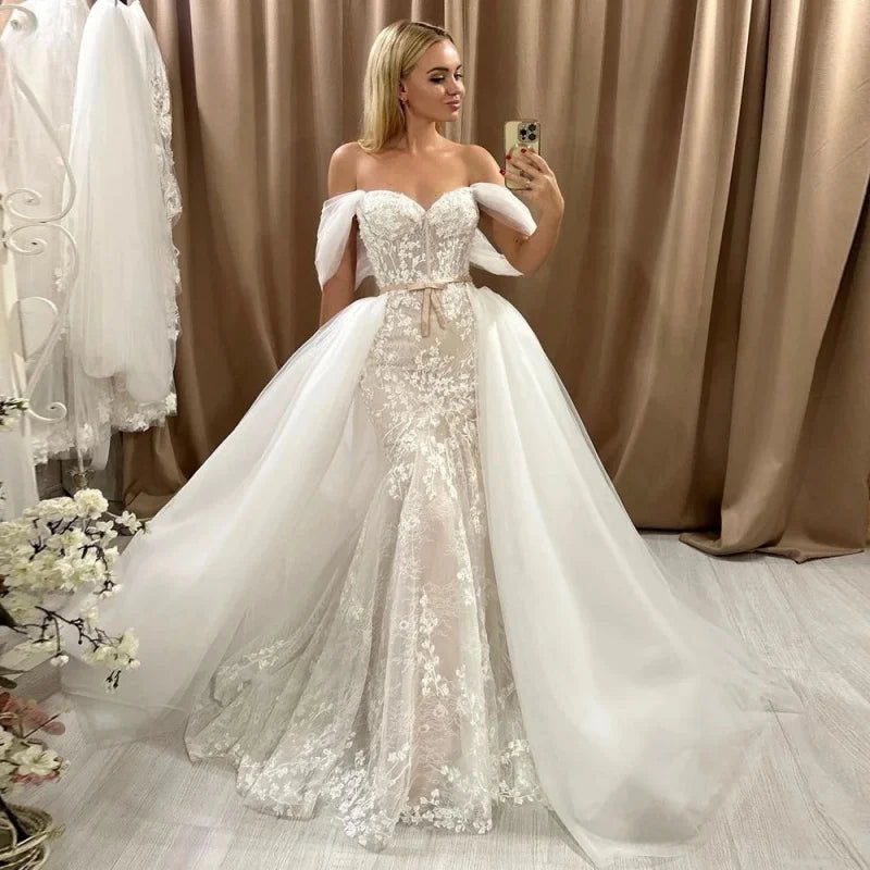 Stylish V-neck Wedding Dress for Woman Appliques Off-the-shoulder Mermaid Detachable Train Appliques Customized