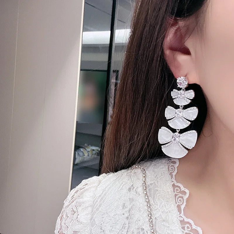 Luxury Long AAA Zircon Bridal Earrings CZ Cubic - worn view