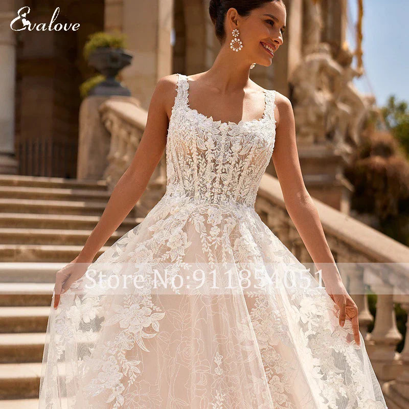 Exquisite Appliques Court Train A-Line Wedding Dress 2024 Classic Square Collar Lace Embroidered Princess Bridal Gown