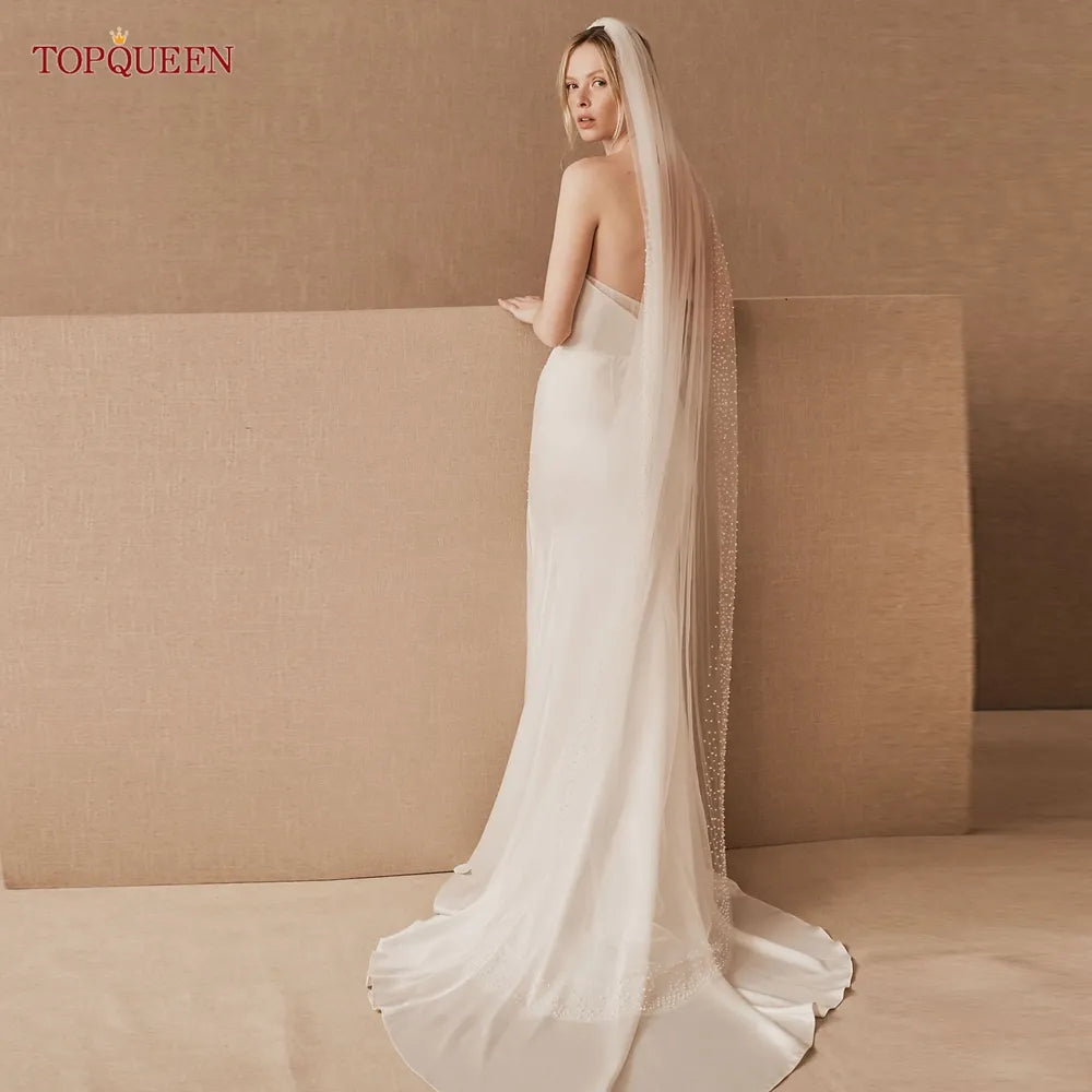 TOPQUEEN Pearls Wedding Veils with Comb Bridal Veil Type Layer Dramatic 1 Tier Pearl Veil Bridal Veils Bead Wedding Veil V157