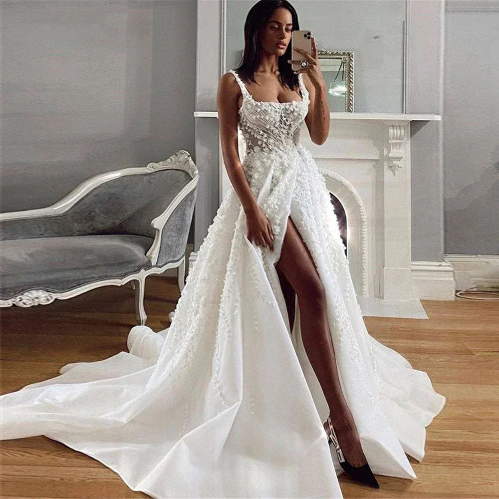 Off-shoulder spaghetti straps square collar sexy side slit A-line wedding dress front view