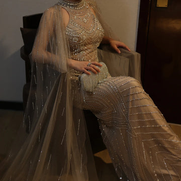Sharon Said Luxury Dubai Caramel Mermaid Evening Dresses for Women Wedding Party Cape Sleeves Elegant High Neck Prom Dress SS230