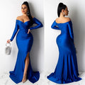 Split mermaid off-shoulder sexy slash neck formal long sleeve long evening night club party dress back view