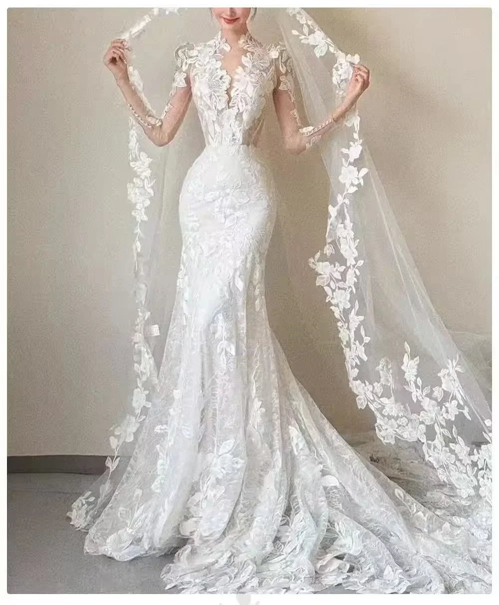 Lace appliques mermaid wedding dress long sleeves V-neck backless bridal gown wedding party