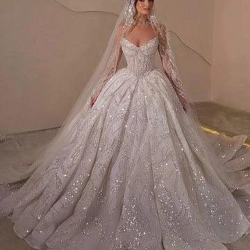 Customized Wedding Dresses Sequins Pearls Lace Bridal Ball Gowns Strapless Sleeveless Princess Bride Dress Vestidos De Novia