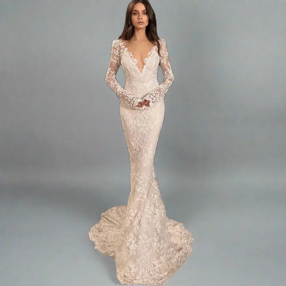 Classy off-shoulder mermaid lace long sleeve backless bridal gown size chart