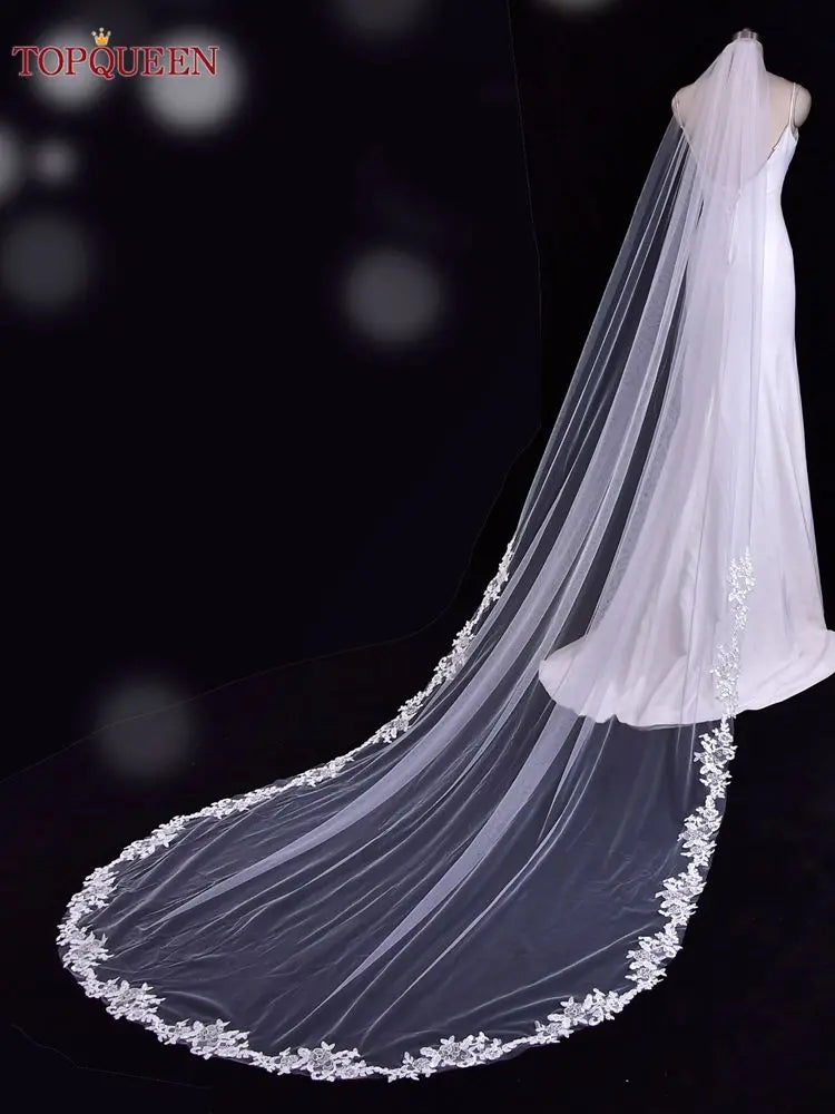 TOPQUEEN Wedding Veil Soft Single Tier Lace Edge Bridal Veil Wedding Long Train Ivory Thin Scallop Lace Embroidered Sequin V47