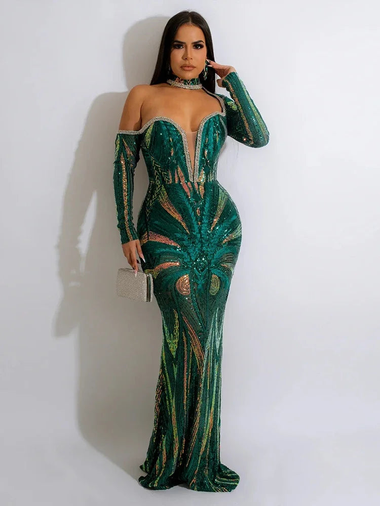 Gorgeous one shoulder rhinestones diamond long sleeve sequin mermaid evening party dress