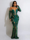 One shoulder long sleeve rhinestones diamond sequin gorgeous mermaid evening party dress ivory