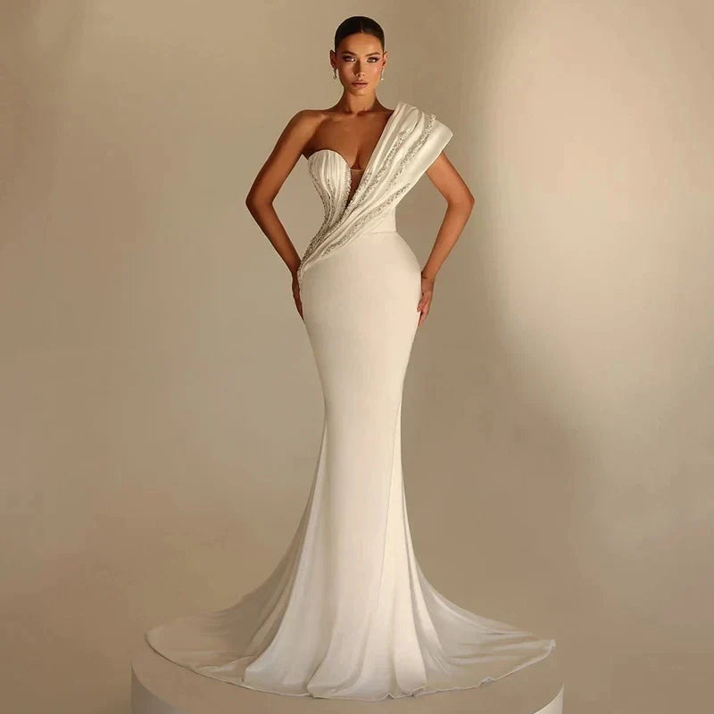 Elegant mermaid wedding dress one shoulder pleats beads bridal gown church bride