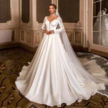 Customized Deep V Neck A Line Women's Wedding Dresses Lace Appliques Bride Gowns Long Sleeve satin Vestido De Noivas