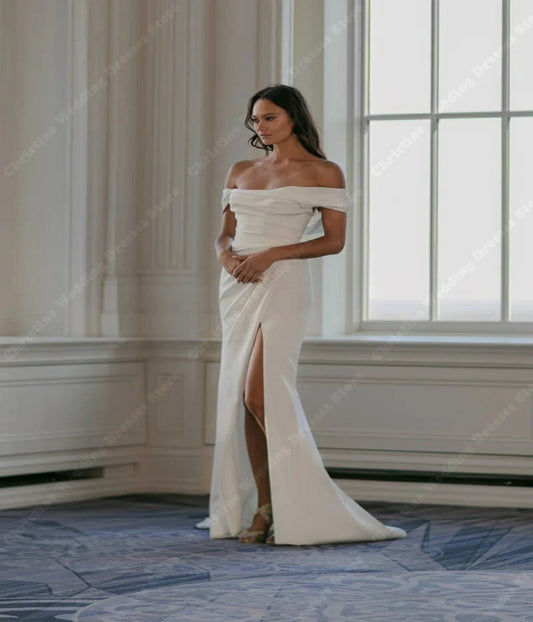 Off Shoulder High Split Wedding Dresses Elegant Minimalist Mermaid Bridal Gowns  Custom Made Classic Tight Fit Vestido De Noiva