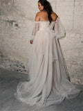 Beach A-line plus size long puff sleeves sweep train bride bridal wedding gown dress ivory