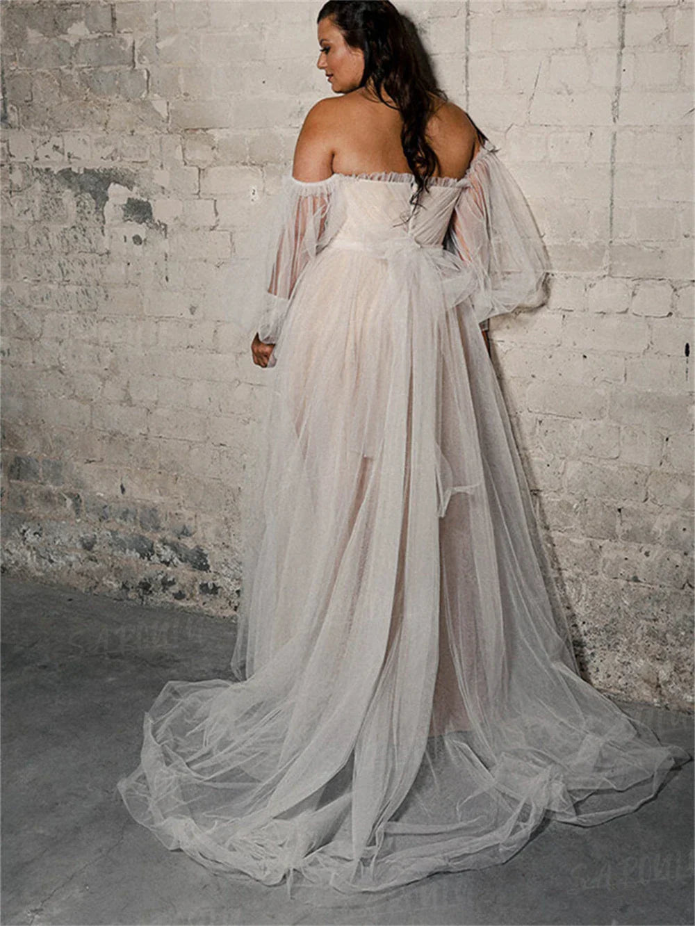 Beach A-line plus size long puff sleeves sweep train bride bridal wedding gown dress ivory