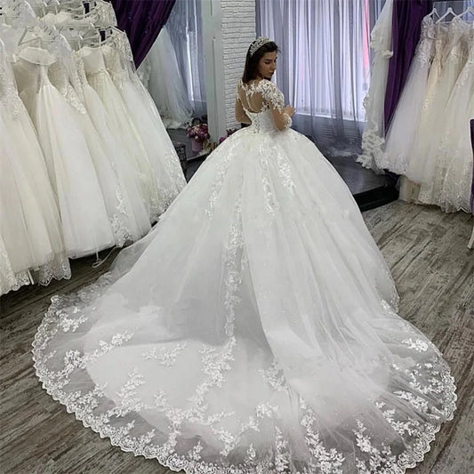 Long Sleeves Vestidos De Novia Appliques Vestido De Noiva Customized O-Neck Sweep Train Wedding Dresses Lace Robe De Mariée