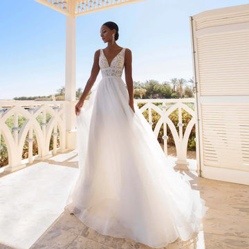 Simple Wedding Dresses for Bride V Neck Sleeveless Bridal Growns Lace Appliques Floor Length Tulle A-Line Vestidos De Novia