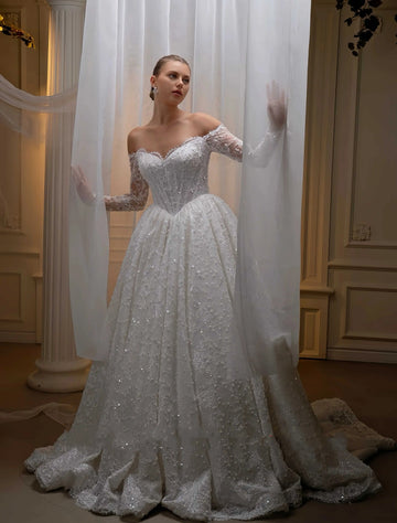 Customized Luxury Lace Wedding Dresses Off Shoulder Long sleeves Ball Gown Floor Length Bridal Gown Vestidos De Novia