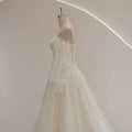 Romantic puff bohemian lace sweetheart long sleeve beading appliques bridal gown close-up
