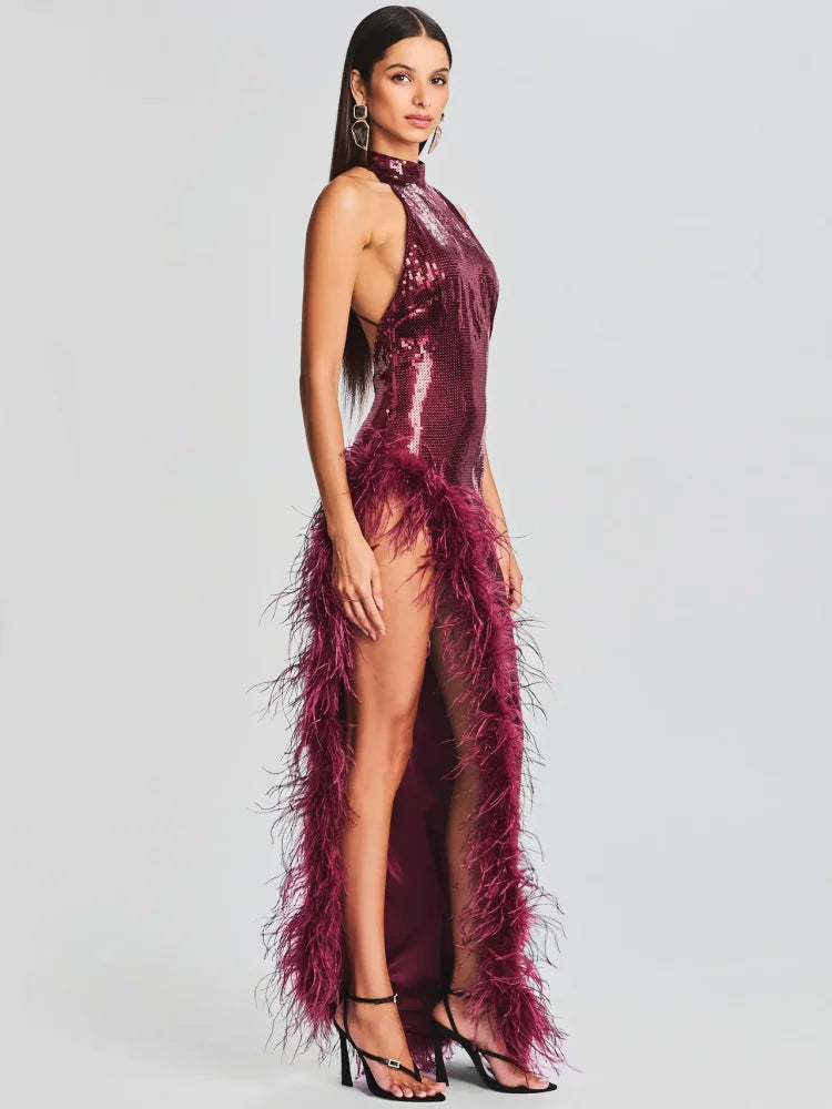 Halter feather sequin wine red sleeveless backless sexy high slit maxi long celebrity evening dress side view