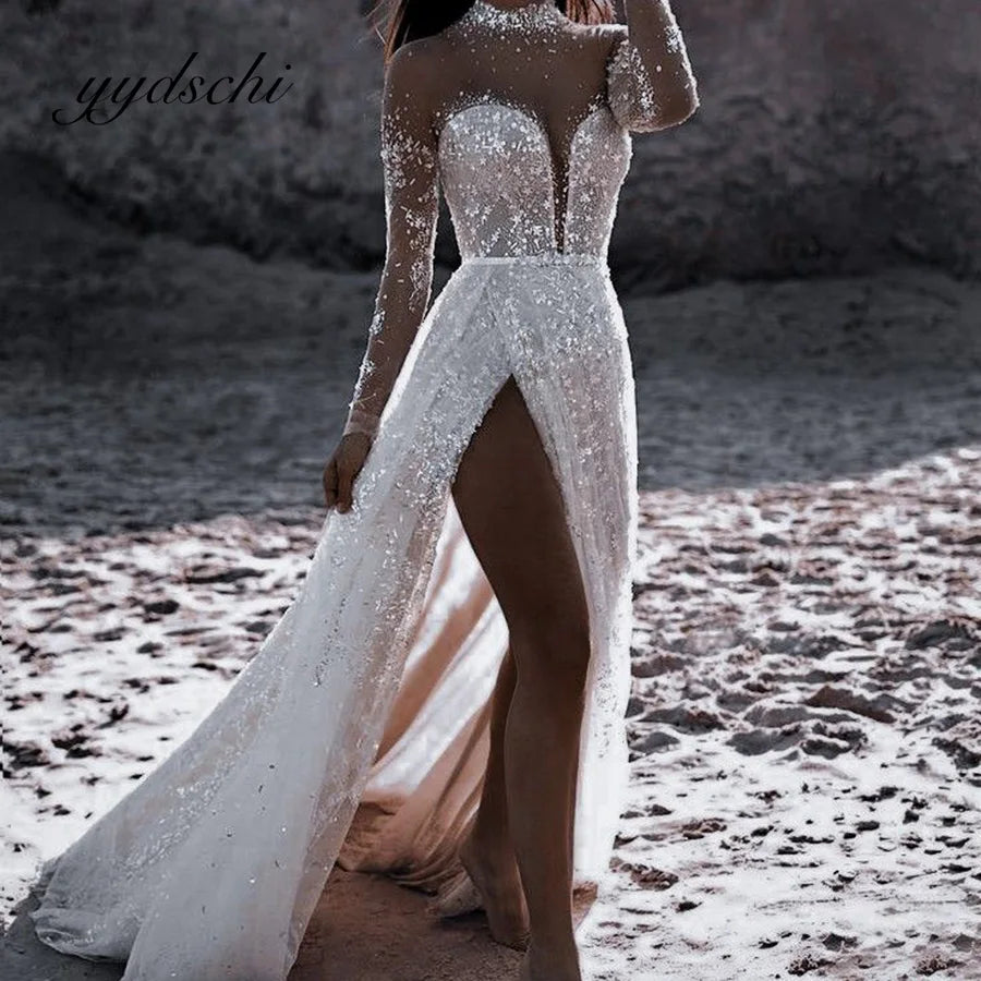 Illusion Deep V-Neck Exquisite Wedding Dress Women High Neck Full Sleeve Split Lace Bridal  Beading Court Train Dresses Beach