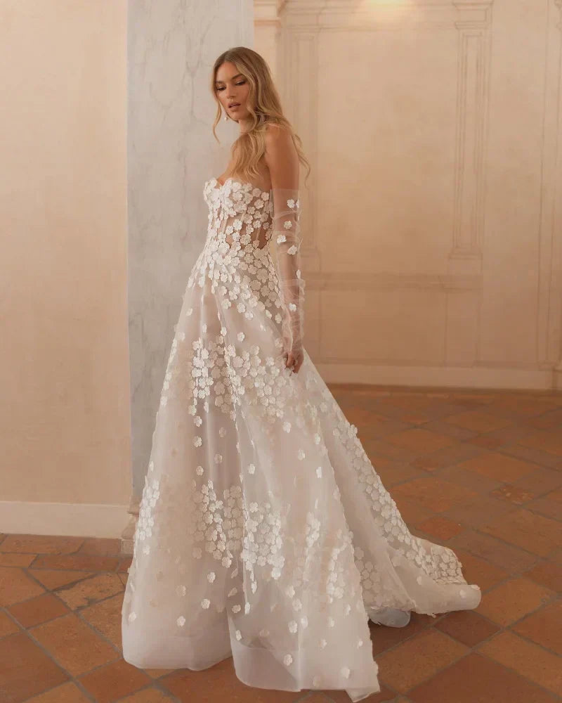 A-line sweetheart elegant appliques bridal gown front view ivory