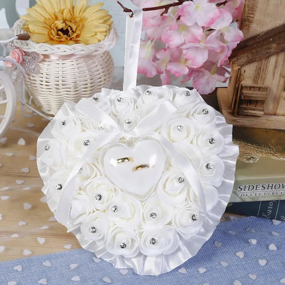 1Pcs Wedding Heart-shape Rose Flowers Ring Bearer Box Romantic Wedding Jewelry Case Pillow Cushion Holder Valentine's Day Gifts