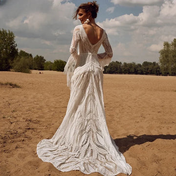 Neck Flare Sleeves Lace Wedding Dresses for Women Long Ruffles Tassels Bride Dress Vintage Outfit Bridal Gown Customized