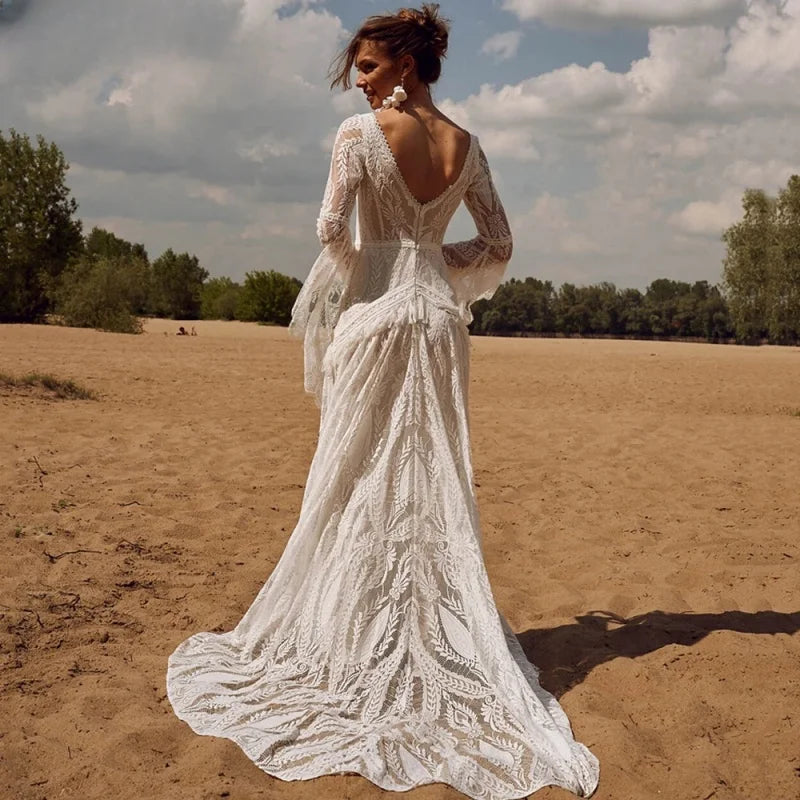 Customized V Neck Flare Sleeves Lace Wedding Dresses for Women Long Ruffles Tassels Bride Dress Backless Vintage Bridal Gown