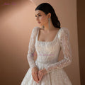 Gorgeous Sequined Embroidery Lace Square Collar A-line Wedding Dresses With Full Sleeves Court Train