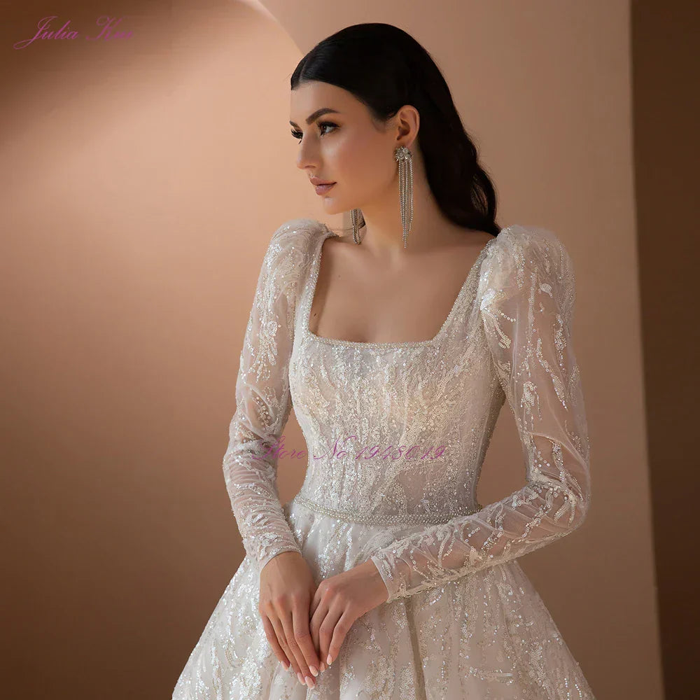 Gorgeous Sequined Embroidery Lace Square Collar A-line Wedding Dresses With Full Sleeves Court Train