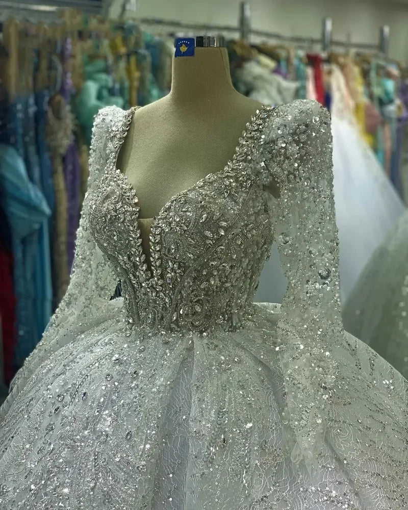 Luxury lace beaded crystals wedding dress long sleeve Muslim bridal ball gown