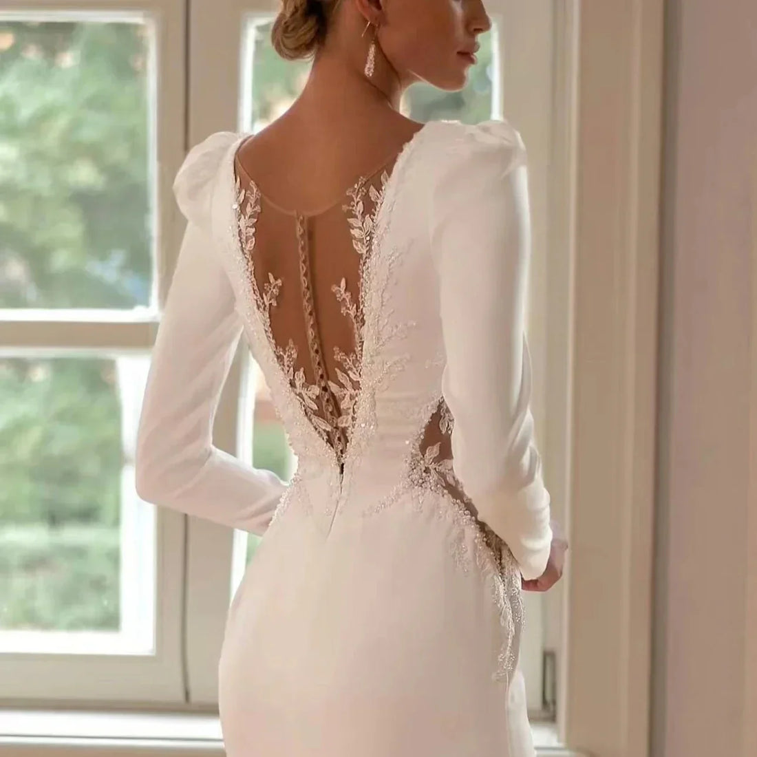 Elegant wedding dress 2026 deep V-neck long sleeves beaded sequins lace sweep train bridal gown