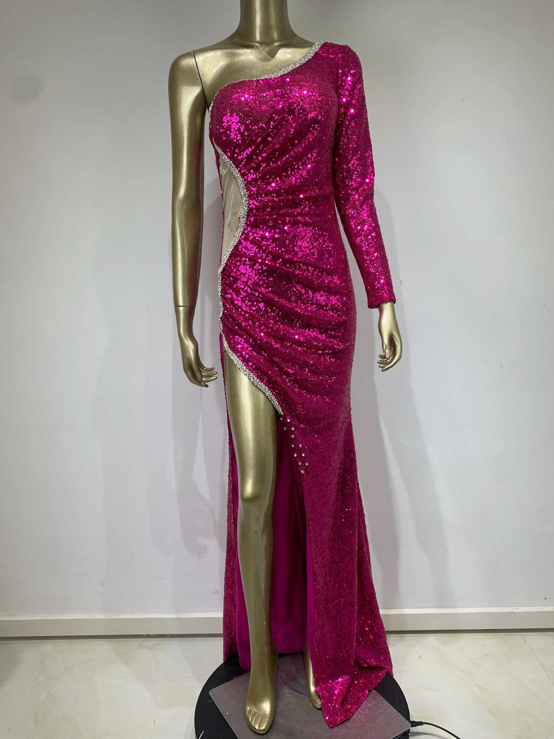 Women Luxury Sexy One Shoulder Mesh Sequined Mermaid Pink Maxi Long Gowns Dress Elegant Evening Party Club Dress