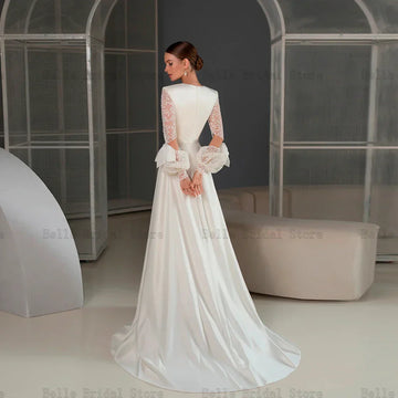 Elegant White Wedding Dresses O Neck Long Sleeves Bridal Gowns Appliques Back Zipper Sweep Train A-line Vestidos De Novia