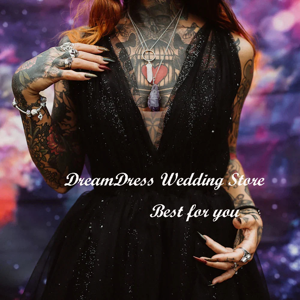 DREAM Black A Line Shiny Tulle V Neck Bridal Gowns Spaghetti Straps Crisscross Backless Gothic Bling Wedding Dress