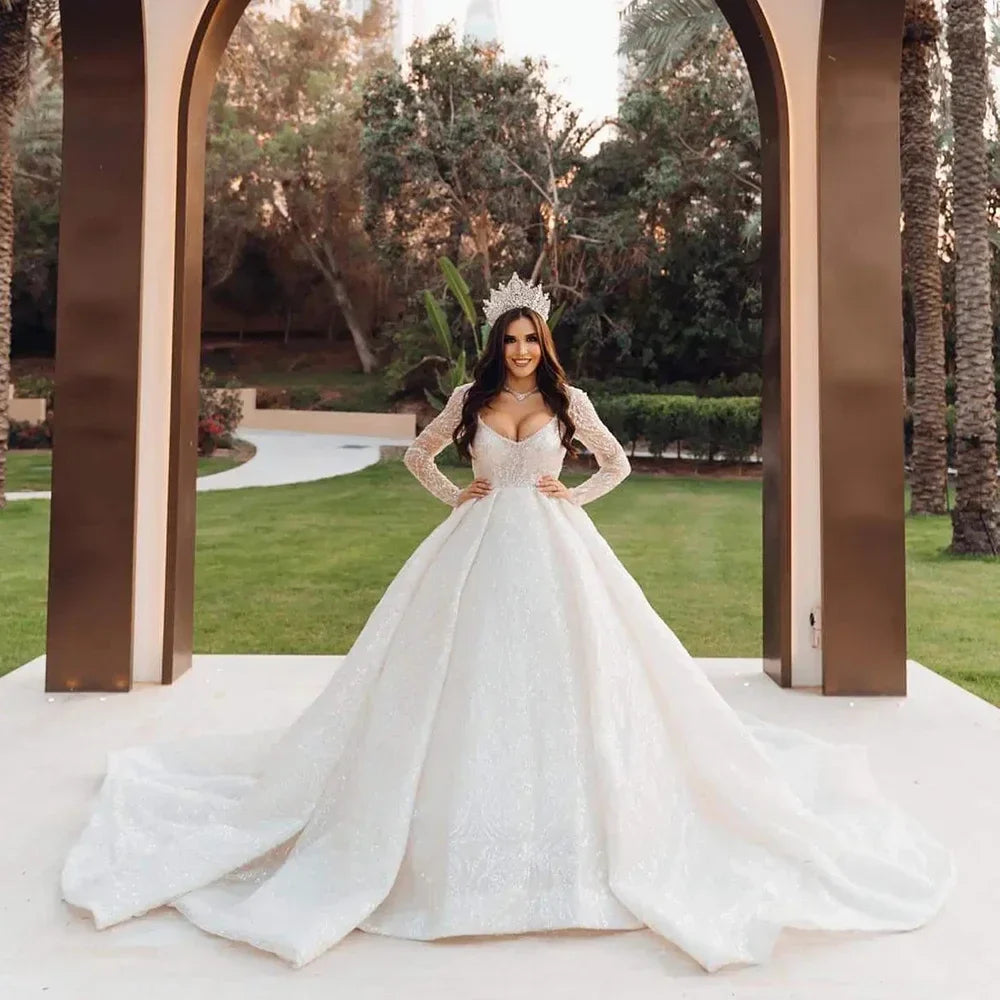 Customized Elegant V-Neck Wedding Dress Lace Sequin Beaded Princess Bridal Gown Princess Bride Marriage Women Clothing
