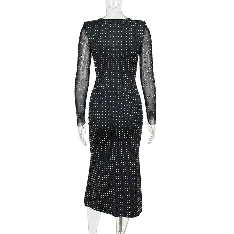 Sequins mesh hollow out long sleeve lace-up bodycon sexy women party club dress additional angle