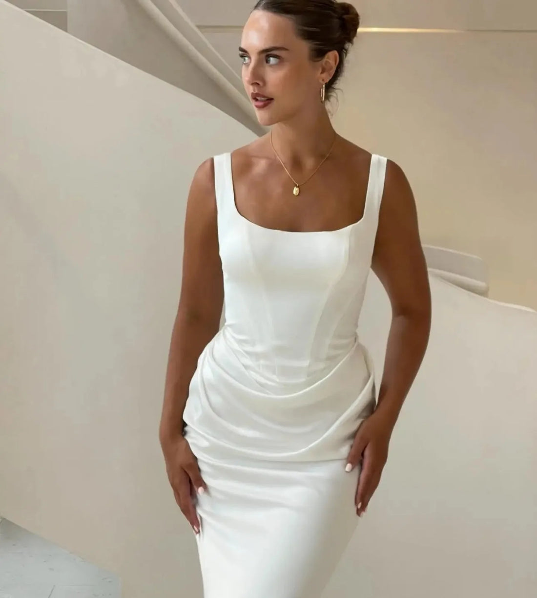Elegant mermaid wedding dress 2026 scoop neck wide straps pleated satin sweep train bridal gown