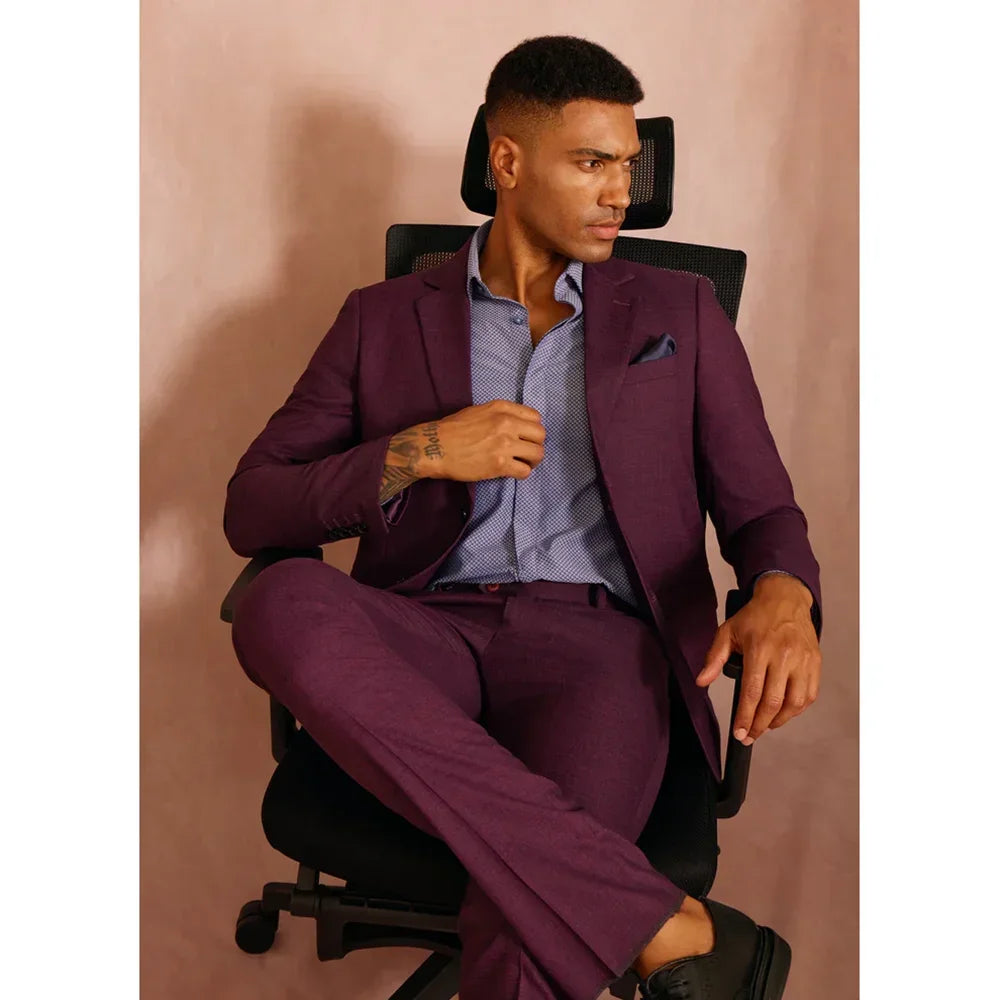 Burgundy notch lapel men suit 2 piece wedding groom tuxedo blazer with pants business casual