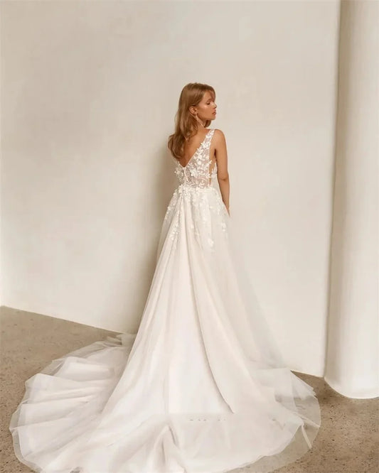 Customize To Measures Country V-Neck Slit Wedding Dress See Through Applique Lace a Slit Crafted for Timeless Bridal Dress 2025