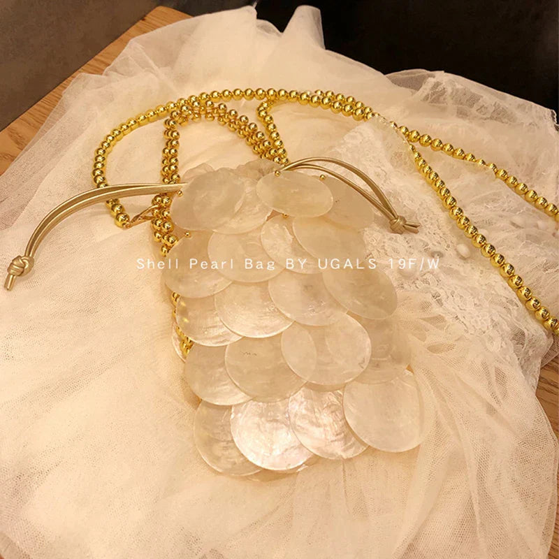 Clutch Woman Party Wedding Evening Shell Bag with Pearls Beaded Designer Luxury Handbag Straw Seashell Woven Sequin Elegant