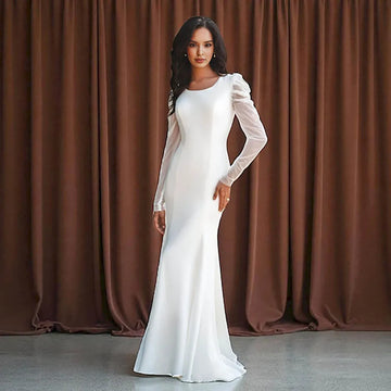 Modest Mermaid Wedding Dresses Buttons Long Sleeves Formal Bridal Dresses Simple Women Brides Dress Customized
