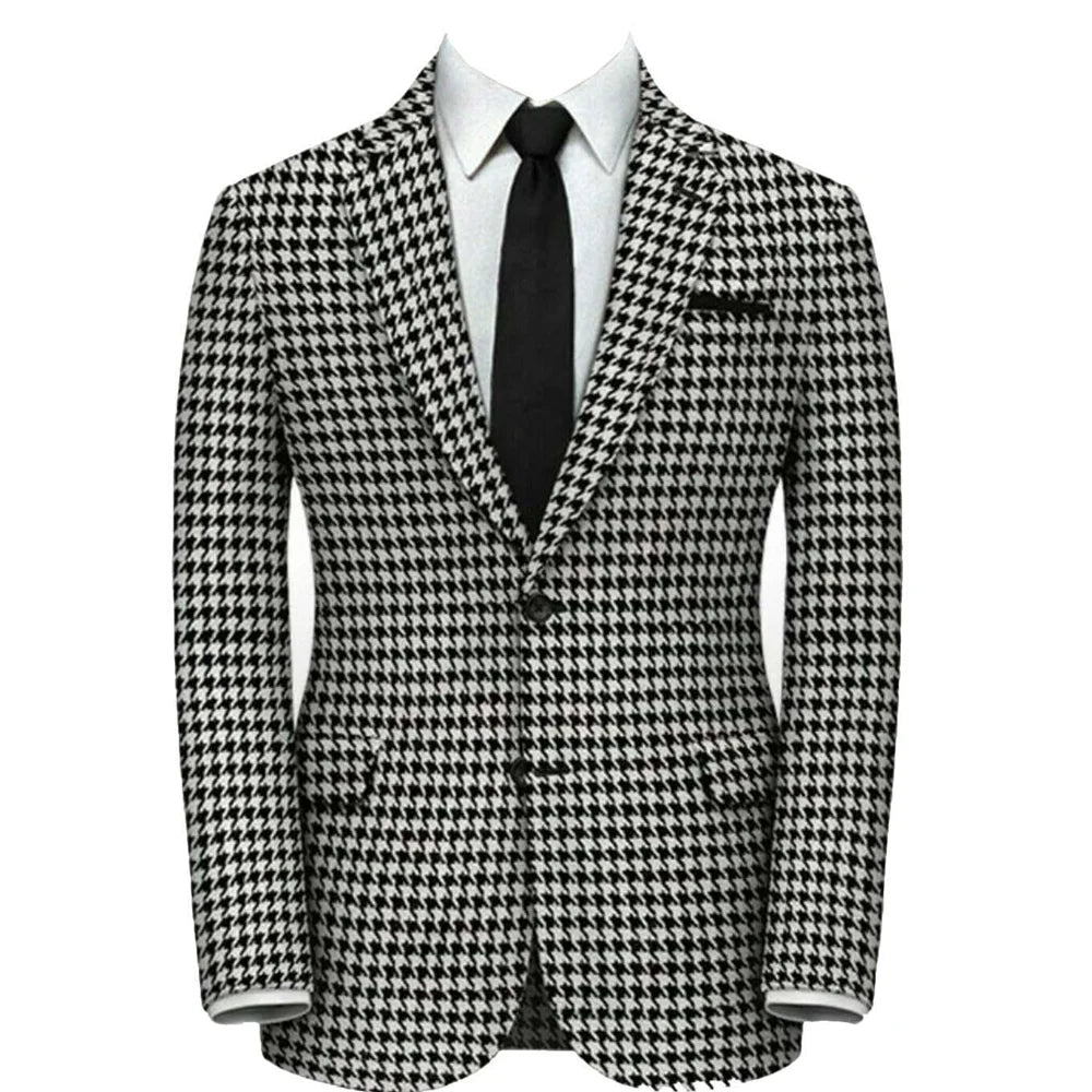 Plaid houndstooth single breasted slim 2 piece black white men wedding business suit detail