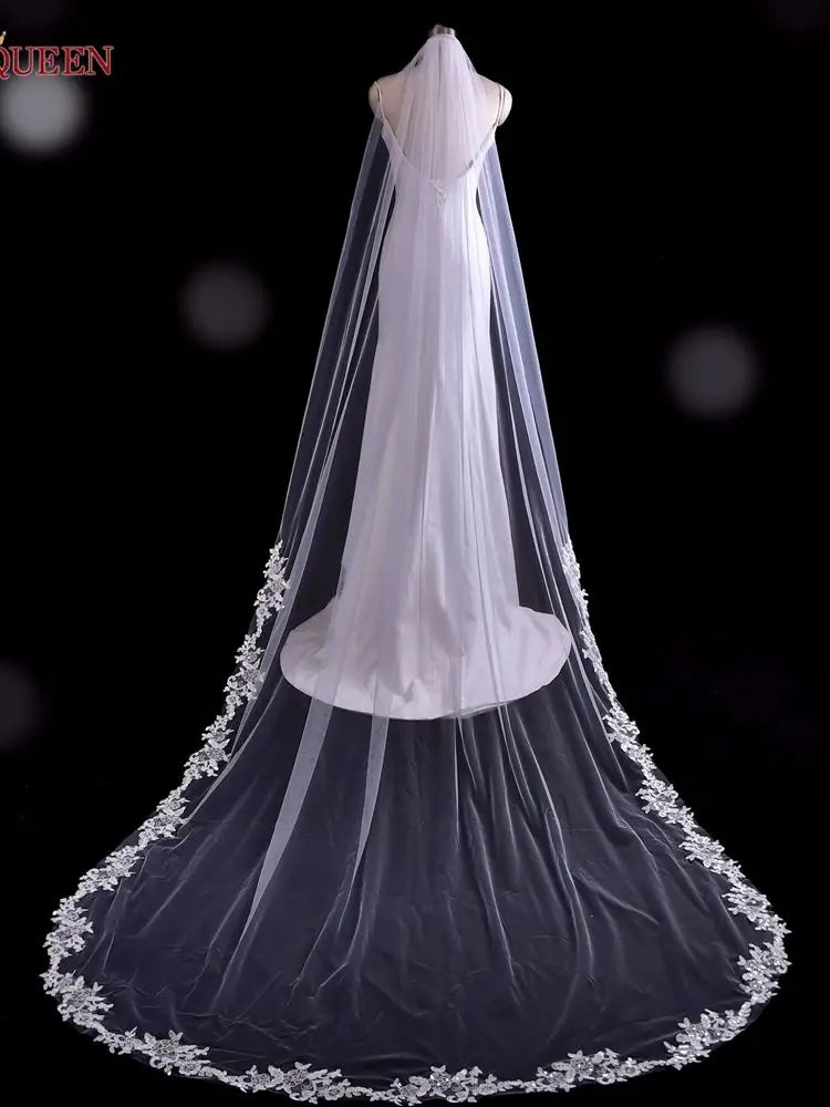 TOPQUEEN Wedding Veil Soft Single Tier Lace Edge Bridal Veil Wedding Long Train Ivory Thin Scallop Lace Embroidered Sequin V47