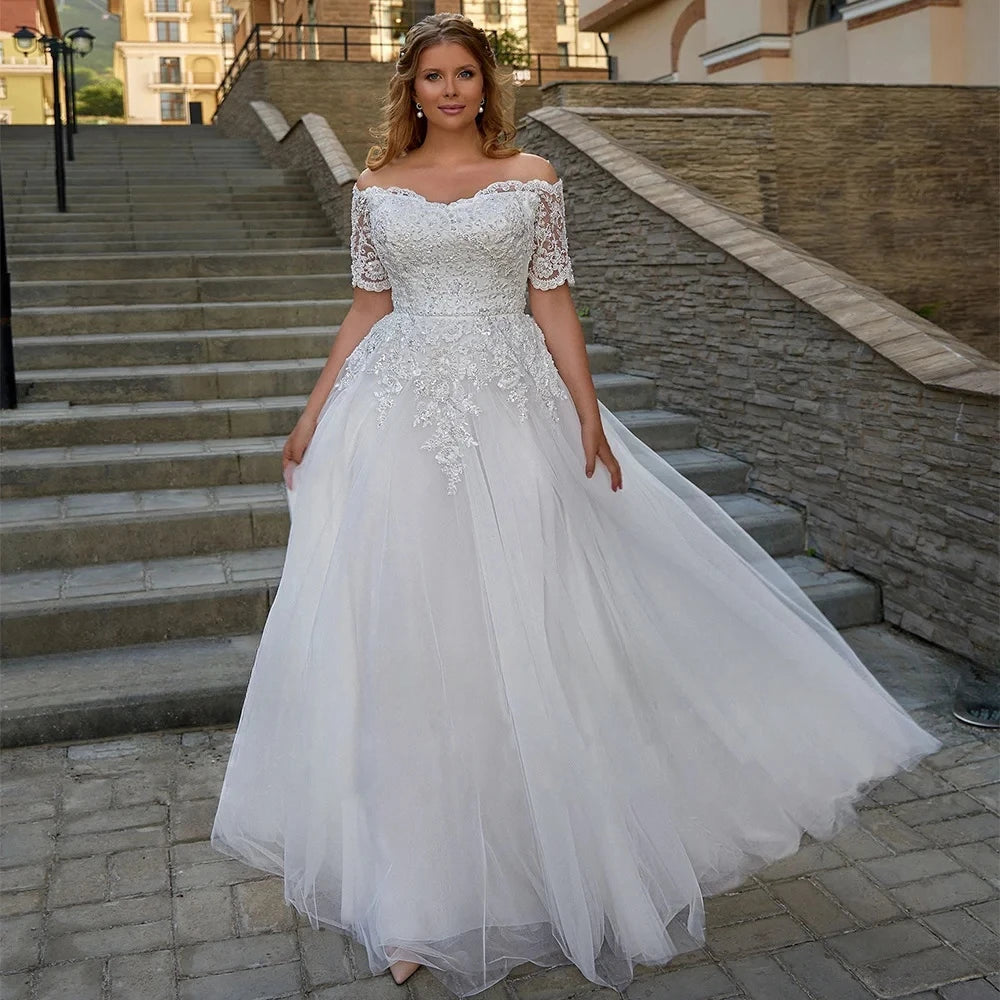 Short Sleeve Beading Vestidos De Novia Off The Shoulder Plus Size Wedding Dresses Customized Appliques Vestido De Noiva