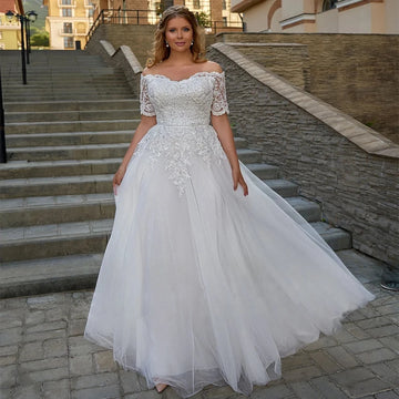 Short Sleeve Beading Vestidos De Novia Off The Shoulder Plus Size Wedding Dresses Customized Appliques Vestido De Noiva